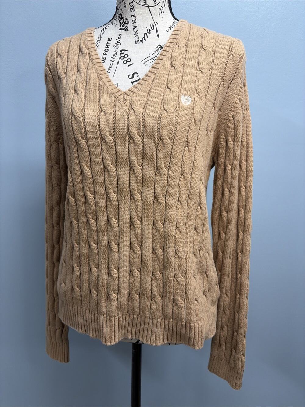 Chaps Cable Knit V Neck Sweater Womens XL Tan Preppy College Old Money Y2K